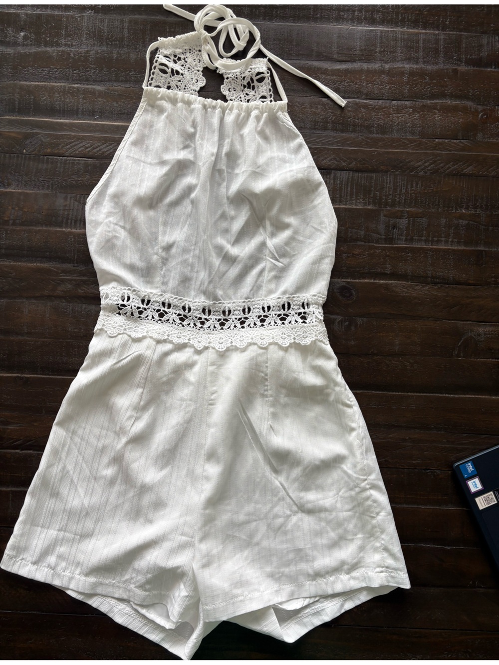 White Lace Halter Romper Womens M Crochet Boho Cutout Shorts Bridal Resort